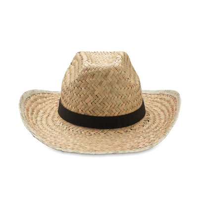 Vista frontal de gorro de paja con cinta negra