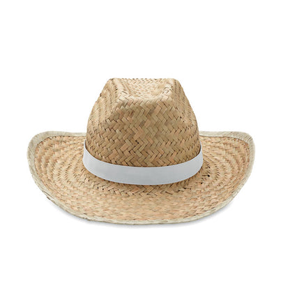 Vista frontal de gorro de paja con cinta blanca