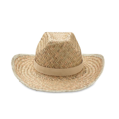Vista frontal de gorro de paja con cinta marrón claro