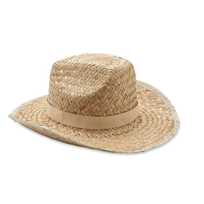 Vista lateral de sombrero de paja con cinta beige