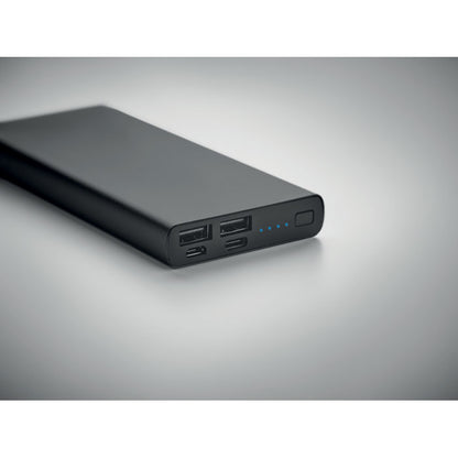 Power bank de aluminio negra en fondo gris