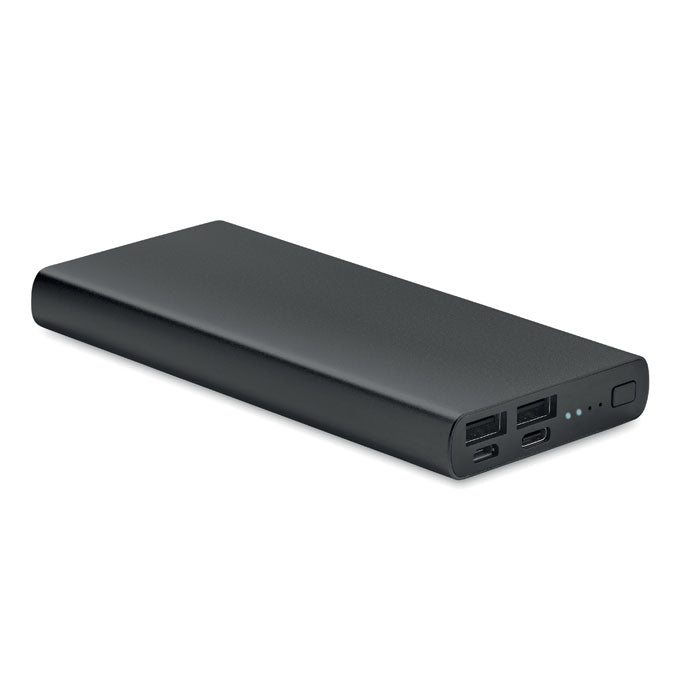 Powerbank con acabado negro, puertos USB-C y USB-A, indicador LED y diseño delgado, ideal para cargar dispositivos. POWERFLAT 10C - Powerbank 10000mAh 18W.