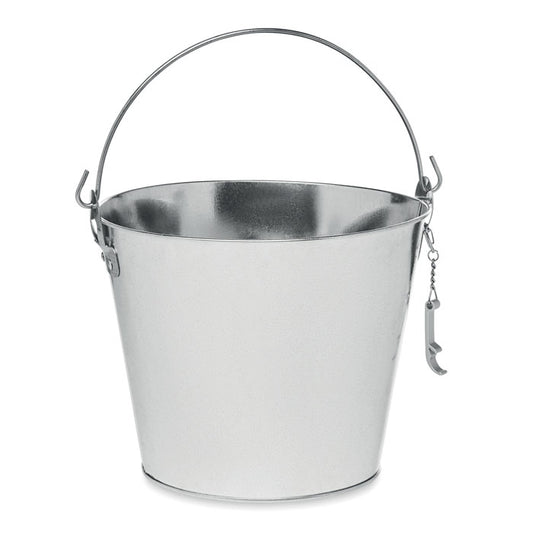 Balde metálico plateado para bebidas, con diseño clásico y abridor de botellas incorporado, ideal para fiestas.