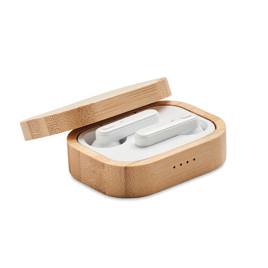Auriculares inalámbricos en estuche de carga de bambú