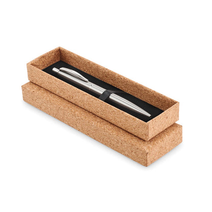 Caja de corcho con boli de metal plateado