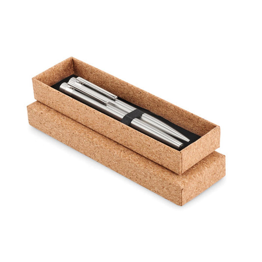 2 bolígrafos plateados en caja de corcho natural
