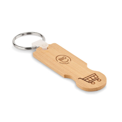Vista superior de llavero de madera con logo impreso con ficha de carro