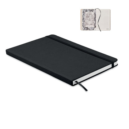 Libreta negra A5 con banda elástica de cierre y marcapáginas e imagen de la libreta abierta