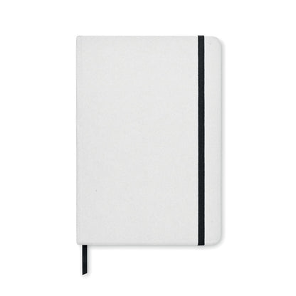 Vista frontal de libreta blanca con cierre goma y margapáginas color negro