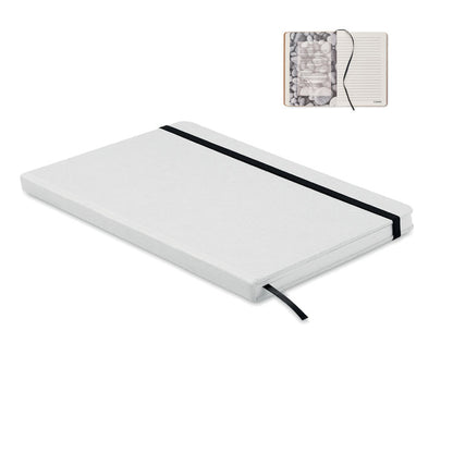 Libreta blanca A5 con goma elástica de cierre y marcapáginas en color negro
