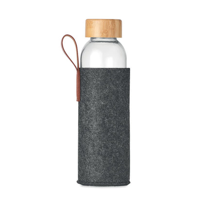 Botella funda de fieltro gris, tapón madera y asas¡