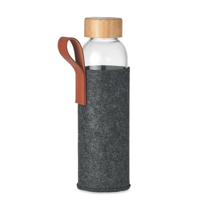 Botella funda de fieltro gris, tapón bambú y asas¡