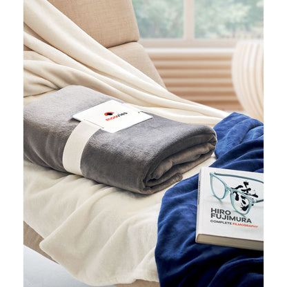 Mantas gris, marino y beige con tarjeta impresa con logo