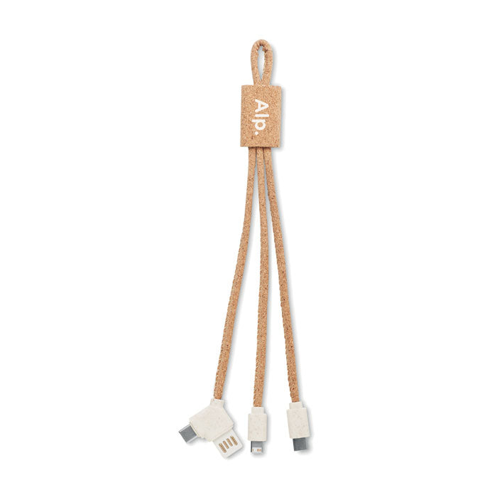 Cable de carga 3 en 1 de corcho con conector tipo A, tipo C y micro USB, vista frontal sobre fondo blanco.
