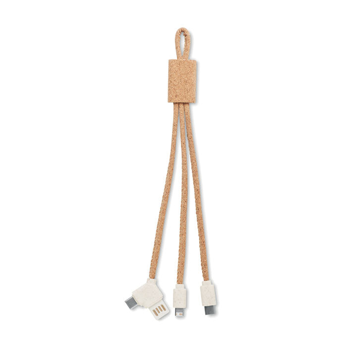Cable de carga 3 en 1 en color beige, con conector tipo A y C, fabricado en corcho natural con acabado suave