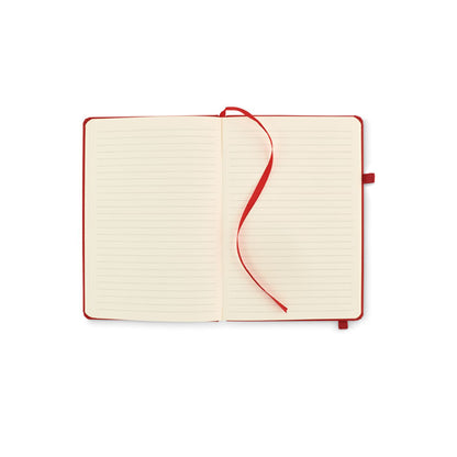Hojas de libreta roja con marca paginas