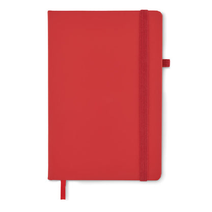 Vista frontal de libreta de cuero roja con cierre goma