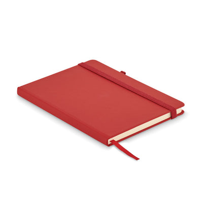 Vista lateral de libreta de cuero roja con cierre goma