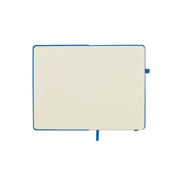 Página abierta de una libreta con hojas en blanco, ideal para notas y bocetos, mostrando su cubierta azul.