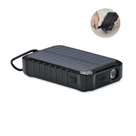 Powerbank Solar/Dinamo 8000mAh en color negro con panel solar y luz LED, ideal para cargar dispositivos en exteriores.