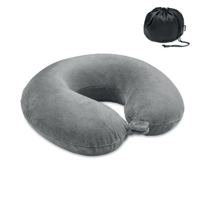 Almohada de viaje gris de tela suave con bolsa negra de transporte