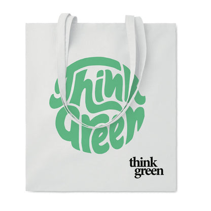 Tote bag de algodón color blanco personalizada con frase grande y logo pequeño