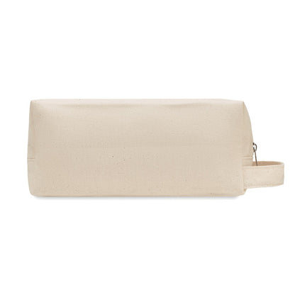 Vista frontal de neceser de canvas crema con asa