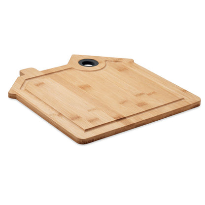 Tabla de cortar de bambú natural en forma de casa con ranura y agujero para colgar