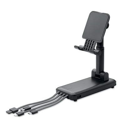 Power bank de plástico negro con soporte y 3 tipos de cables con conexión