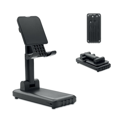Power bank de plástico negro con soporte para teléfono extensible y plegable. 