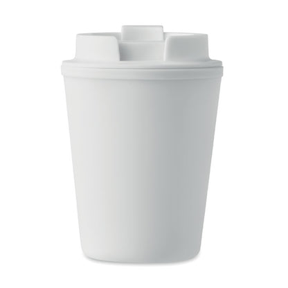 Vaso blanco con tapadera de plástico negro