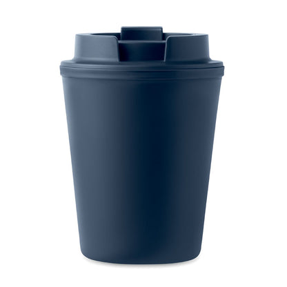 Vaso azul marino con tapadera de plástico negro