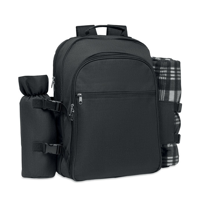 Mochila picnic en color negro con manta de cuadros y botella adjunta, ideal para 4 personas.