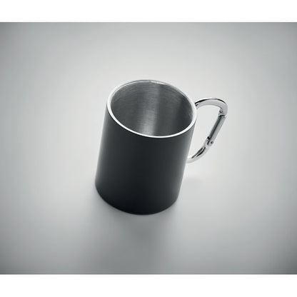 Taza metálica negra con asa mosquetón