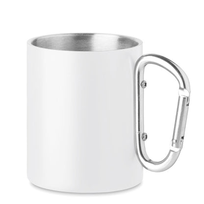 Taza de acero inoxidable blanca con asa mosquetón