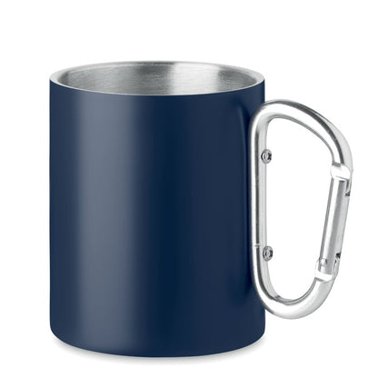 Taza de acero inoxidable azul con asa mosquetón
