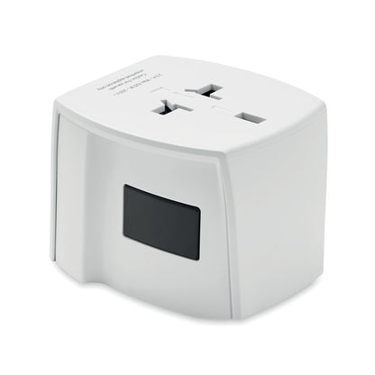 Vista lateral del adaptador compacto de viaje con diseño blanco y dimensiones pequeñas