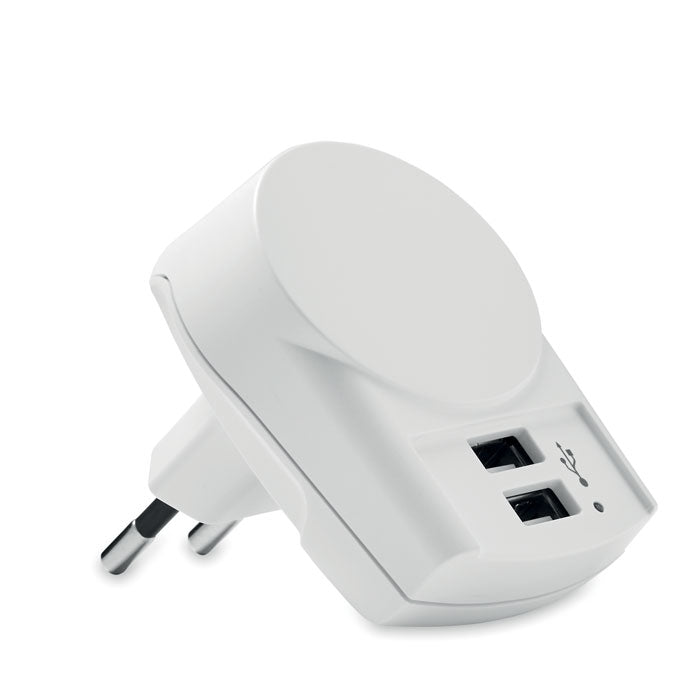 Cargador europeo de 2 polos con 2 puertos USB Tipo-A. color blanco