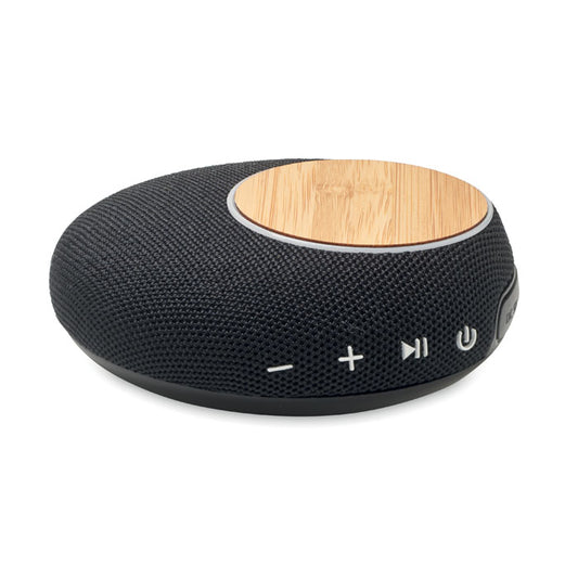 Altavoz negro redondo  con detalle de madera de bambú