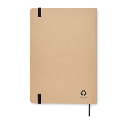 Vista trasera de libreta de cartón reciclado con marcapáginas y cierre goma negro