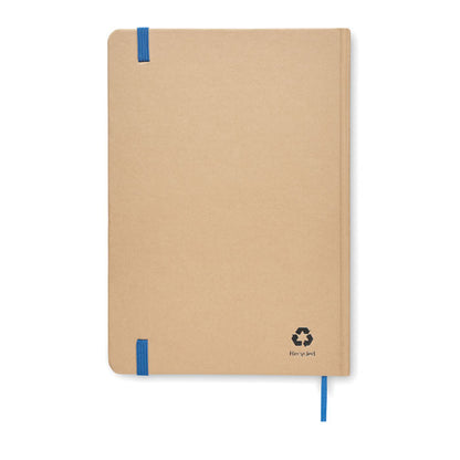 Vista trasera de cuaderno de cartón reciclado con marcapáginas y cierre goma azul