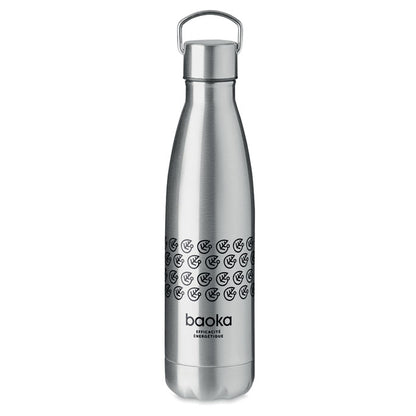 Botella de acero inoxidable con logotipo negro impreso