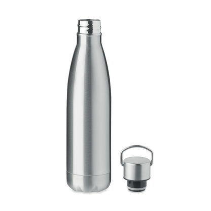 Botella plateada de acero con tapón quitado
