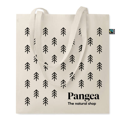 Totebag de algodón de comercio justo personalizada con un diseño de flechas y un logotipo a un solo color