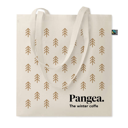 Bolsa de algodón color natural personalizada con un diseño grande con flechas y con un logotipo en color negro