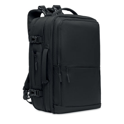 Mochila grande de viaje con varios compartimentos  y bolsillos con cremallera. Ajustable con cintas en los laterales y con asa en el lateral para llevar con una mano