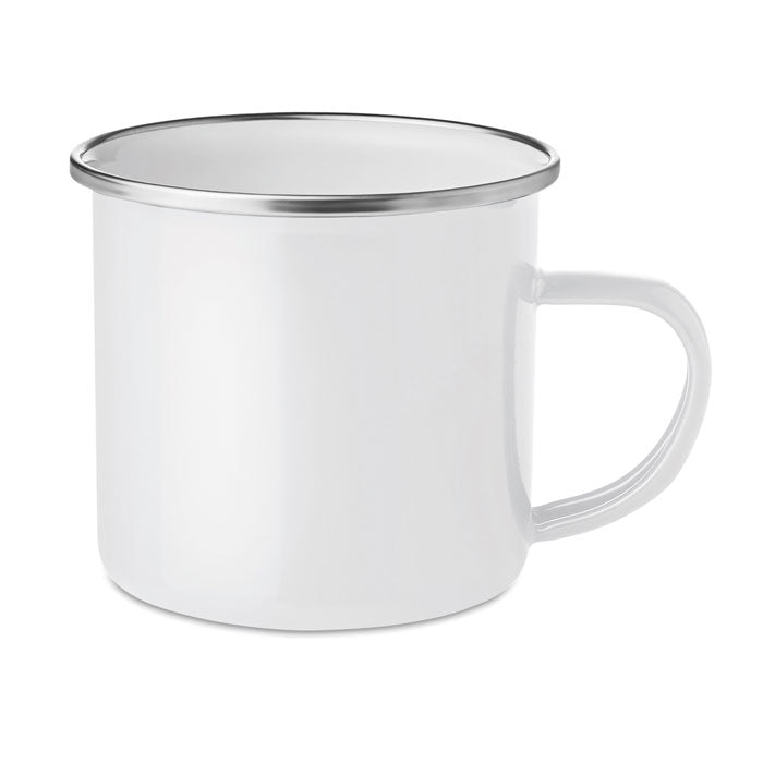 Taza metálica blanca estilo vintage
