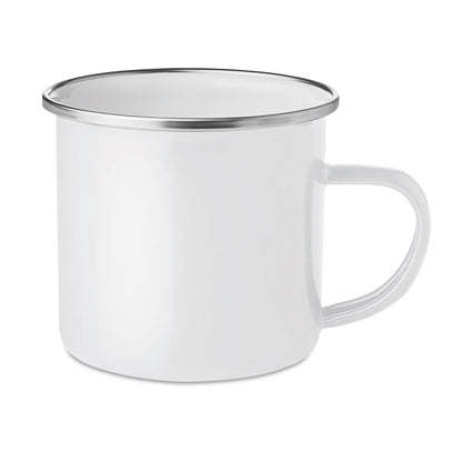 Taza blanca metállca de estilo vintage