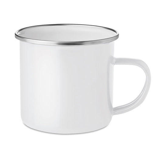 Taza metálica blanca estilo vintage