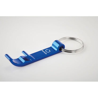 Abridor de botellas de aluminio con llavero azul 